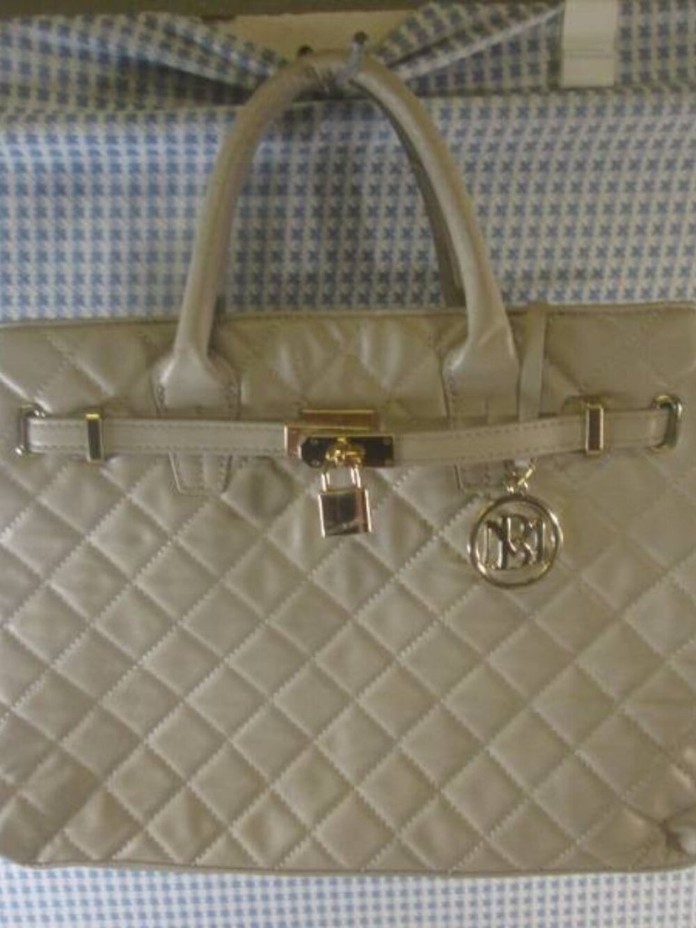 Badgley Mischka Quilted Satchel Tote Bag - Taupe Gold Lock Charm